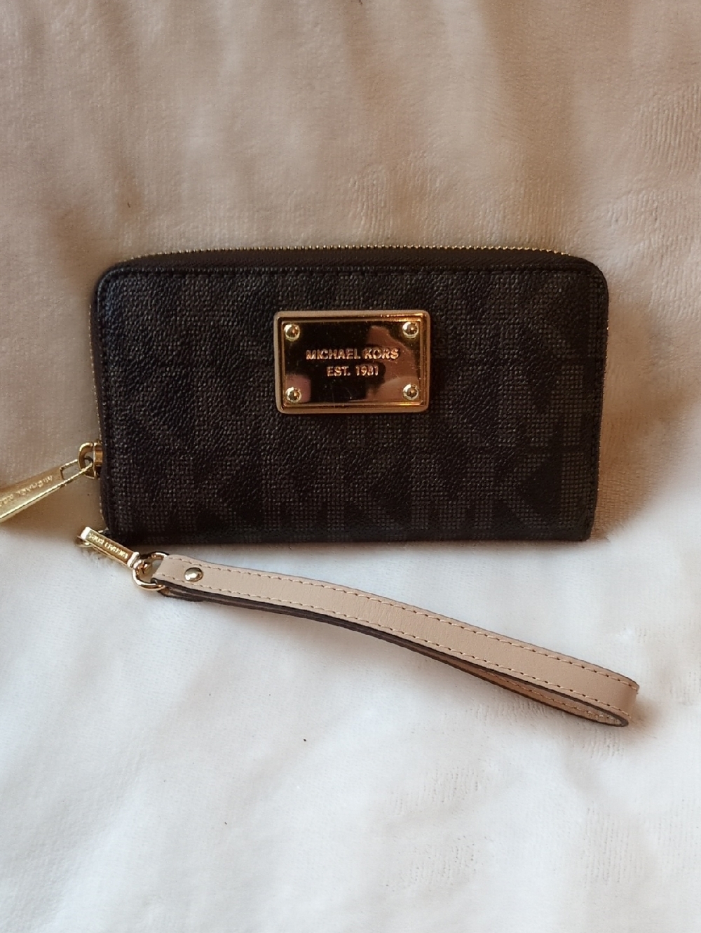Michael Kors Dark Brown and Beige Logo Wristlet Wallet
